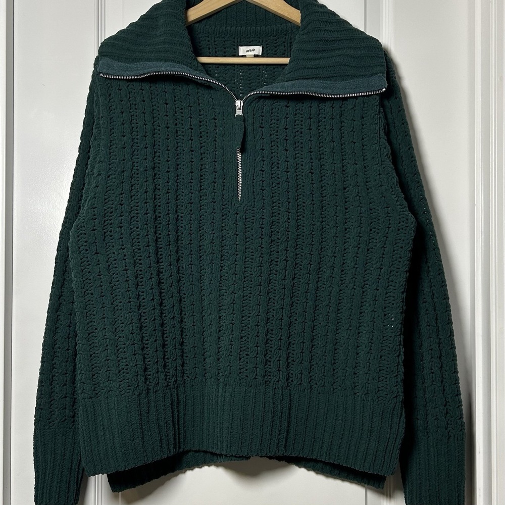 Aerie Forest Green Cable Knit Quarter Zip Sweater Dark Academia Ivy League Style